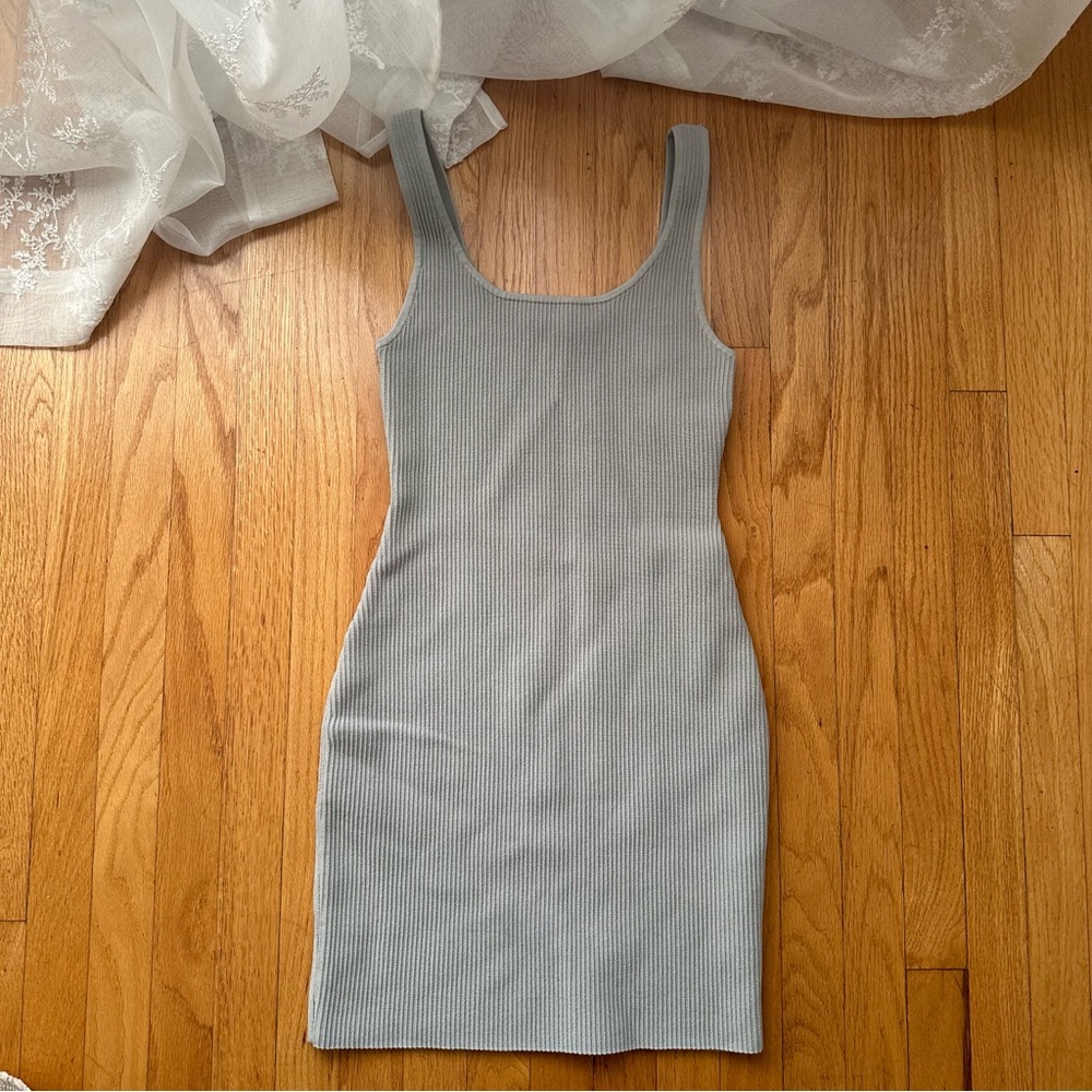 Aritzia Babaton SculptKnit Blue Grey Square Neck Mini Dress